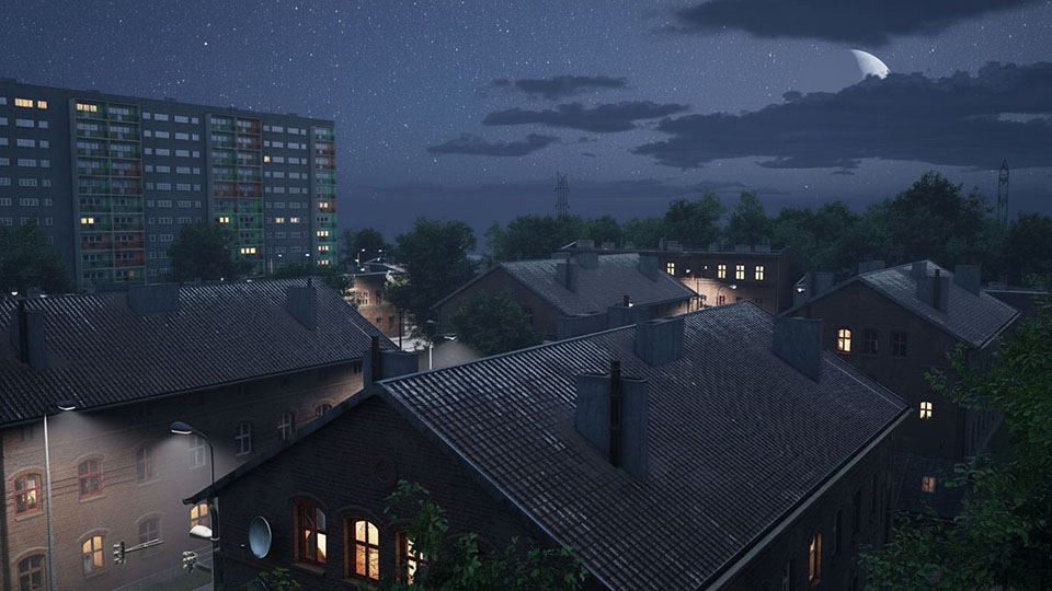 Kadr z Rojbers — osiedle nocą